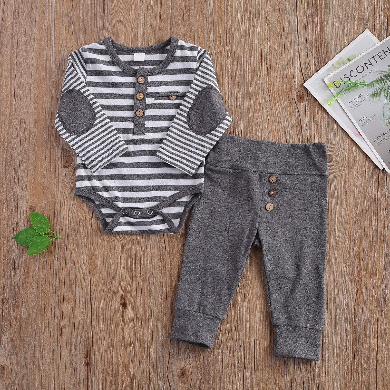 2Pcs Baby Girl Boy Casual Suit, round Neck Long Sleeve Stripe Romper Solid Color Button Decoration Loose Trousers Spring Autumn